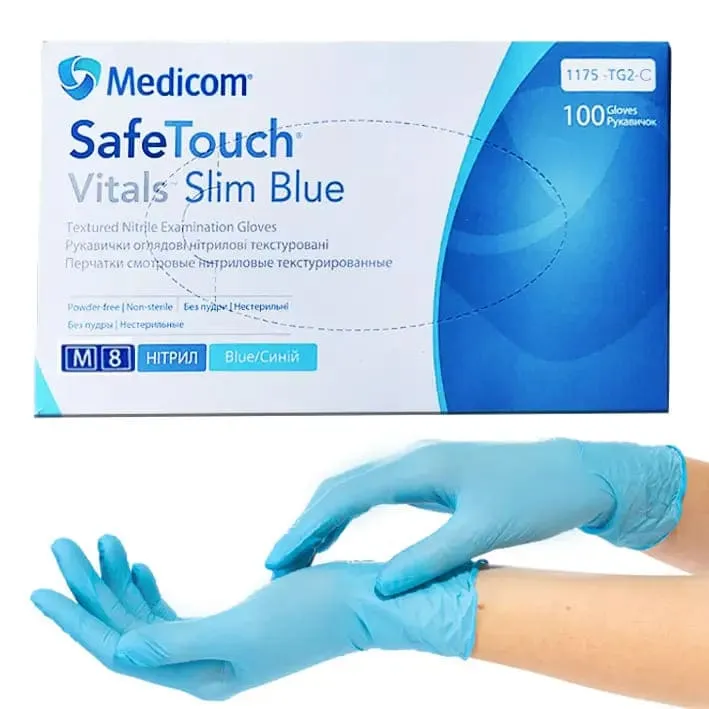 Рукавички нітрилові Medicom Slim Blue Vitals M (блакитні) щільність 3,0 г