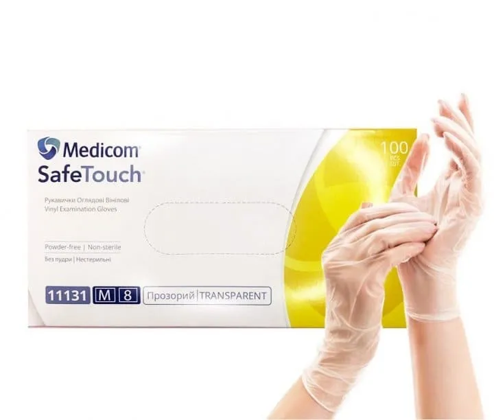 Рукавички вініл Medicom неопудрений прозорі, розмір M, 100 шт.
