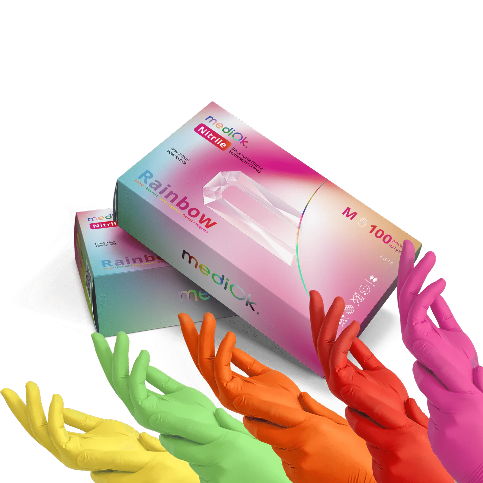 Перчатки нитриловые неопудренные MediOk, RAINBOW, микс пяти цветов, размер M