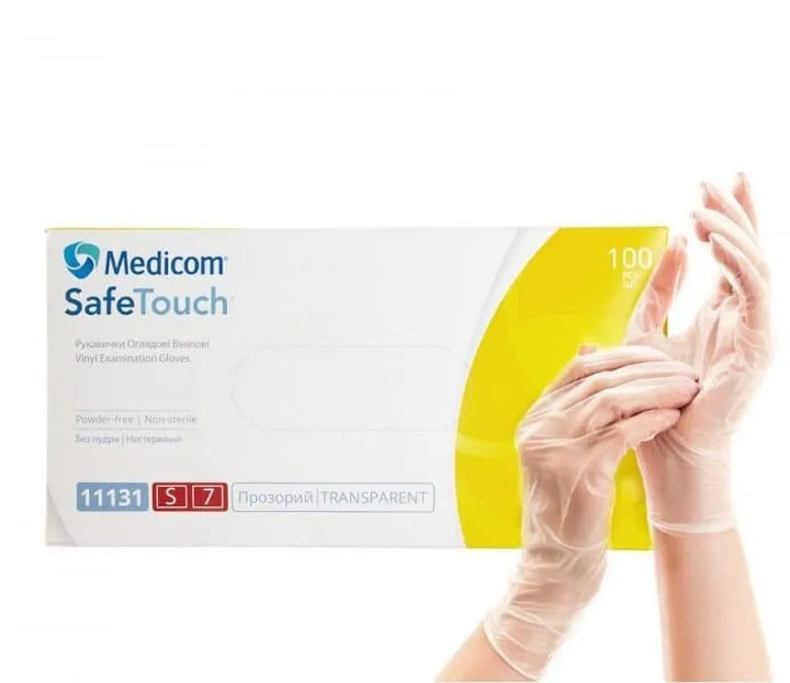 Рукавички вініл Medicom неопудрений прозорі, розмір S, 100 шт.
