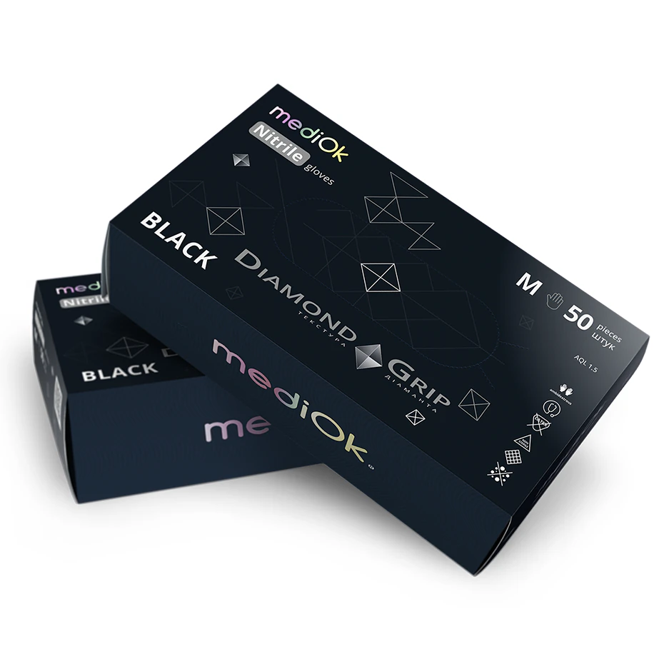 Рукавички нітрилові неопудрені MediOk, Diamond Grip, з текстурою діаманту, чорні, розмір M