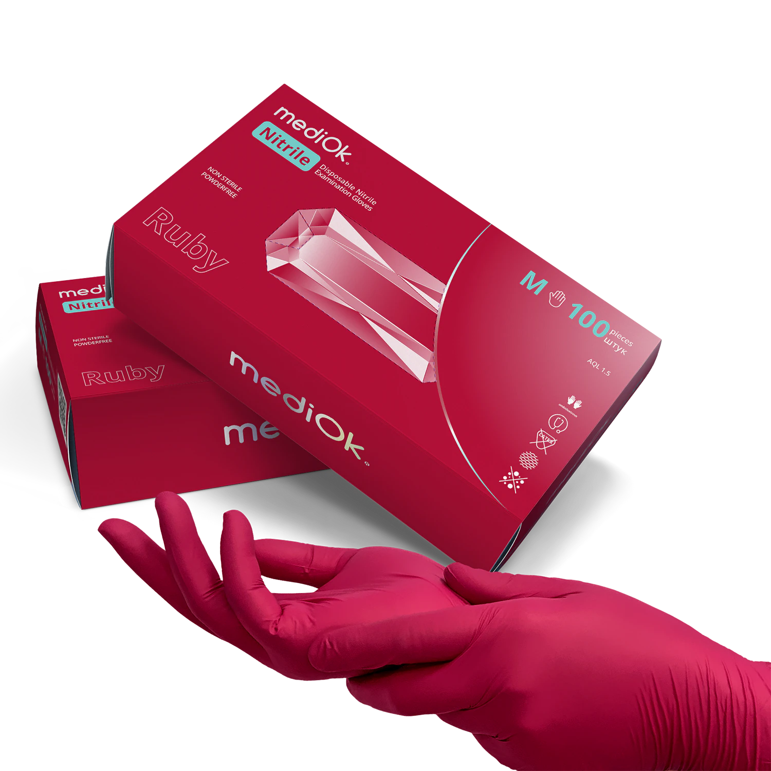 Перчатки нитриловые неопудренные MediOk, Ruby, бордовые, размер M